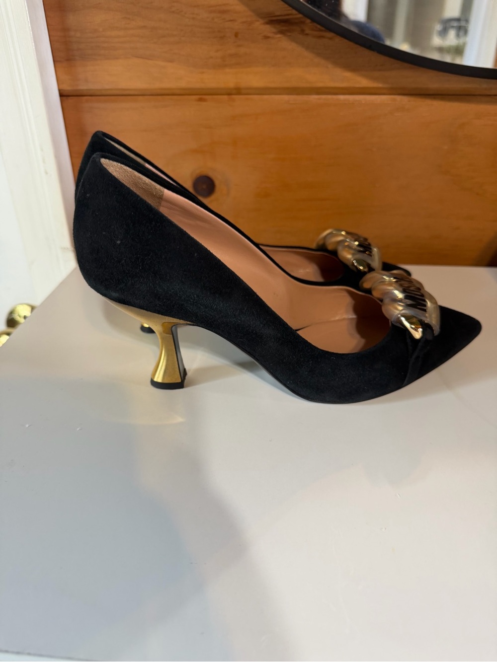 Moschino Black Pointed Toe Pumps with Logo Chain Accent - Picture 3 of 4